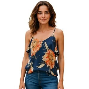 Lily Rose Floral Spaghetti Strap Top - Navy and Orange